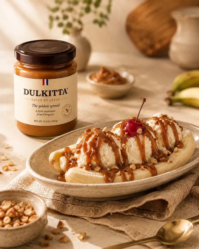 Banana split with dulce de leche, chopped nuts and a cherry