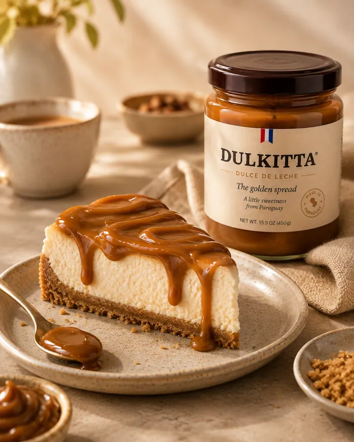 Slice of cheesecake with dulce de leche running over the edge