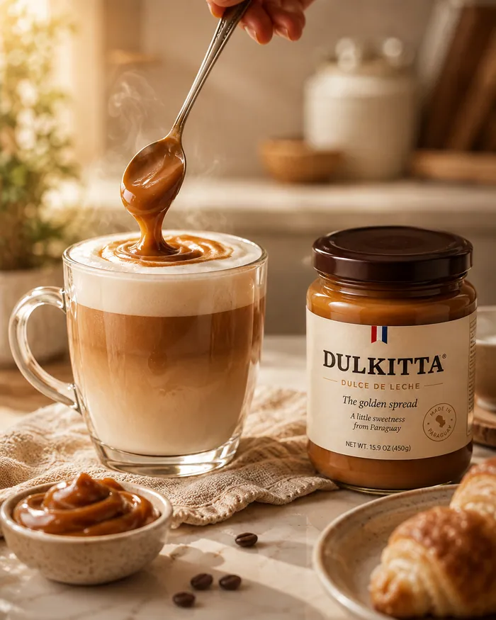 Latte in a glass beside a jar of dulce de leche and a pastry