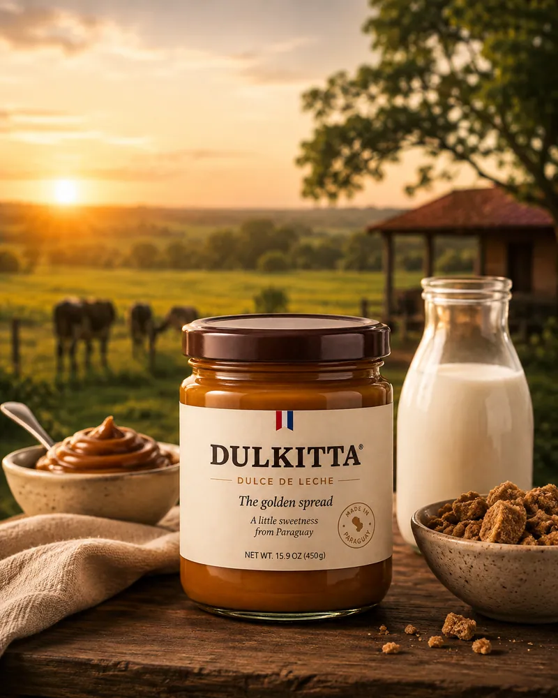A jar of Dulkitta on a wooden table with Paraguayan pasture and cattle at sunset behind it