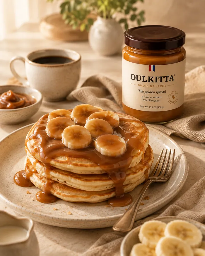 Stack of pancakes with banana and dulce de leche running down the sides