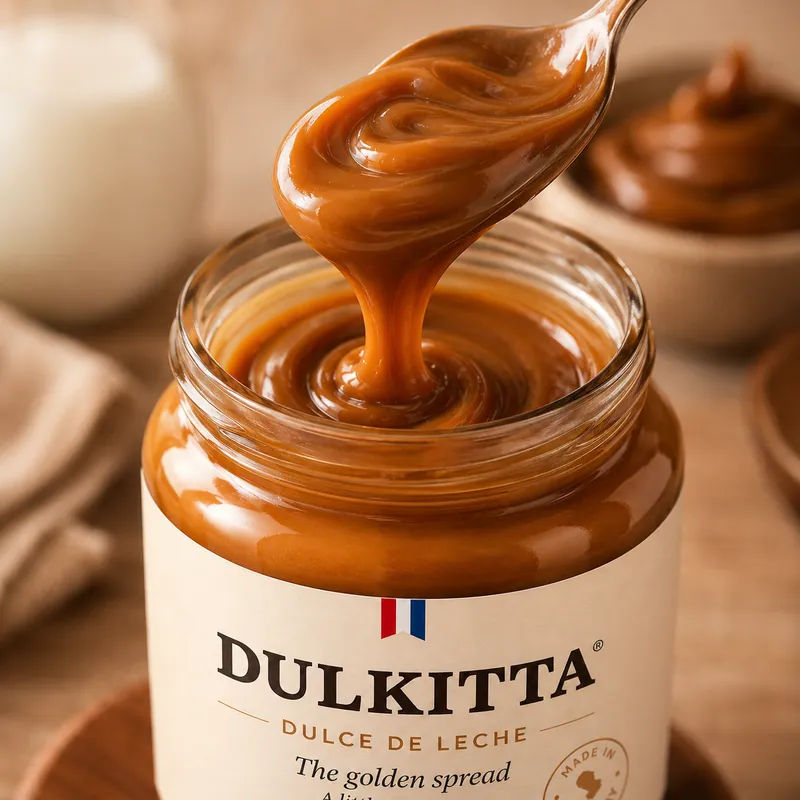 A spoon lifting a thick ribbon of dulce de leche out of an open Dulkitta jar