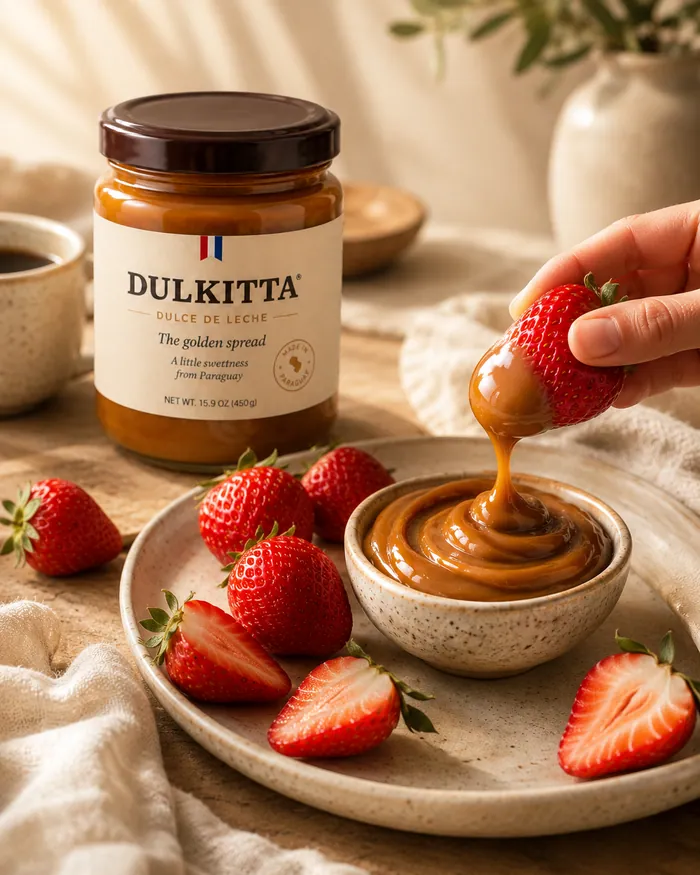 Fresh strawberries beside a bowl of dulce de leche for dipping