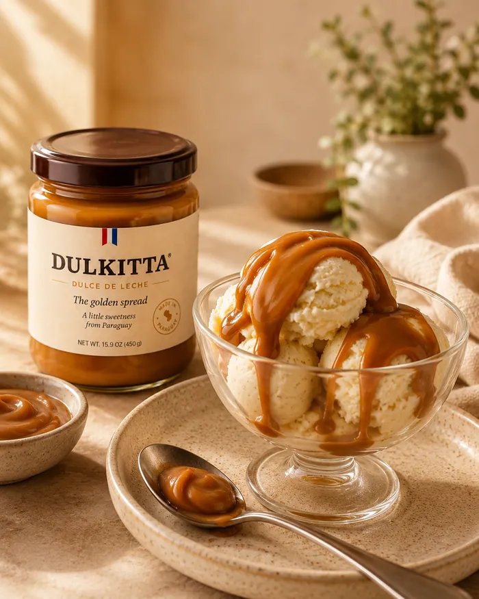 Ice cream in a glass with dulce de leche poured over it