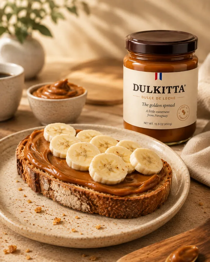 Toast spread thick with dulce de leche and banana slices